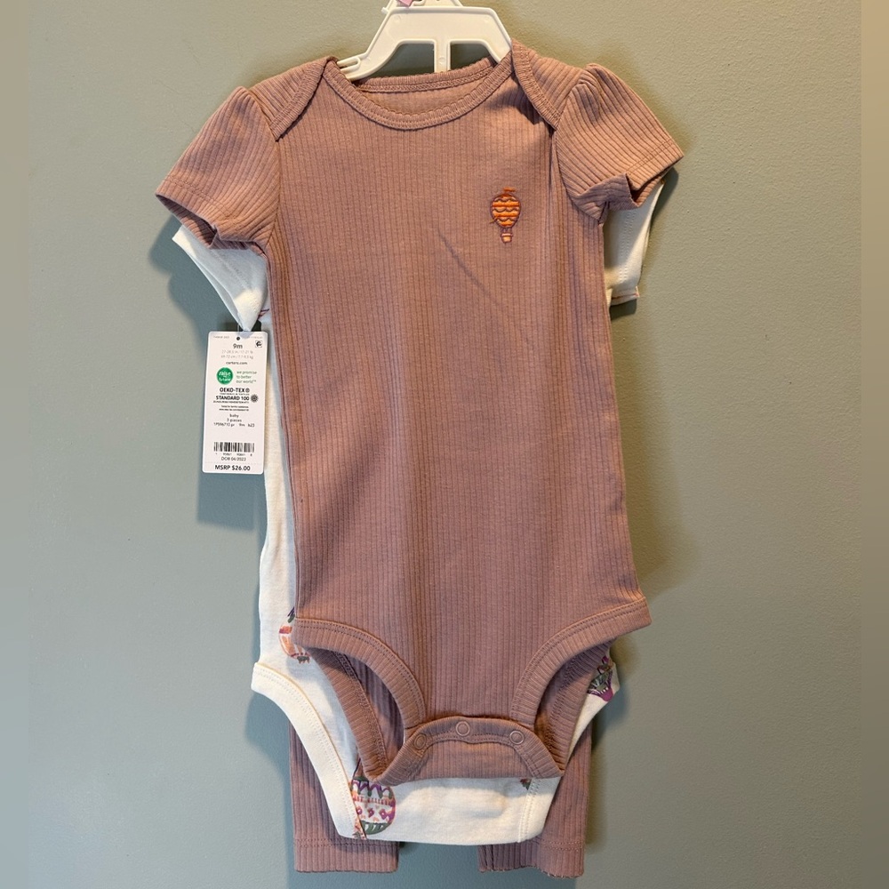 Carter’s Baby Girl Hot Air Balloon Bodysuit 3 Piece Set NWT - Picture 3 of 9